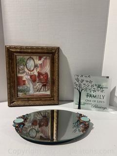 Ornate Vanity Tray “Family” Tea Light Holder and Framed Bathroom Decor 