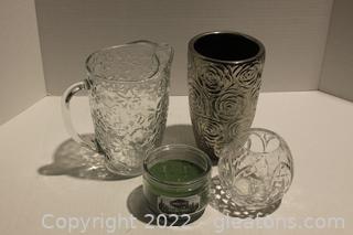 Crystal Globe Vase, Silver Toned Rose Vase, Glass Etched Pitcher & Candle (10oz) 