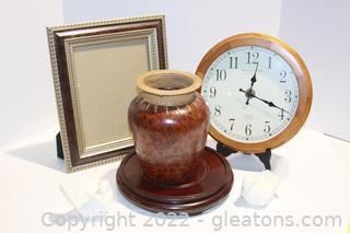 Wooden Wall Clock,2 Bird Figurines, frame & Vintage Ceramic & Wicker Vase