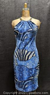 Roberto Cavalli Blue Print Pencil Dress with Metal Collar 