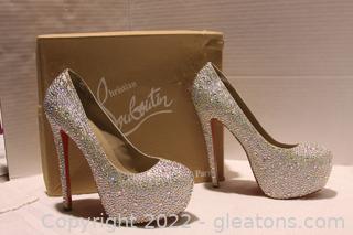 Chistian Louboutin Silver Crystal Embellished Heels with Box & Dust Bags 