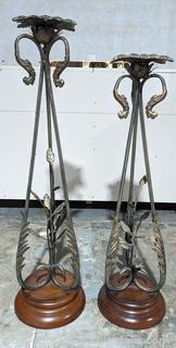 Pair of Ornate Metal Pedestal Style Candle Holders 