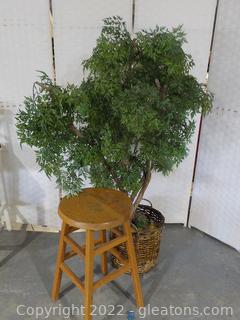 Very Life Like Small Teatree in a Woven Basket with a Sturdy Stool 