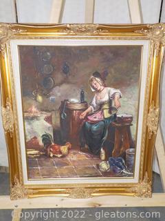 High Quality Framed Oil on Canvas Painting, Signed Hampton.  Depicts a Medieval Times Woman in her Kitchen 
