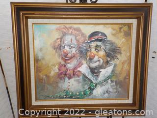 (1980’s) Vintage Oil on Canvas Portrait of Two Clowns; Signed W. Moninet (French) 