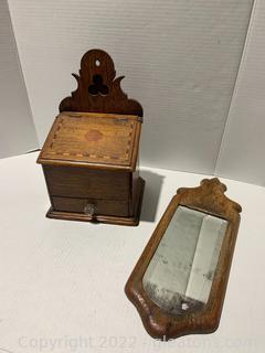 Antique Oak Salt Box and A Narrow Beveled Mirror