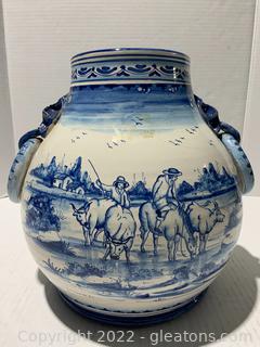 Large Vintage Blue and White Pottery Jar “Tending Cattle”