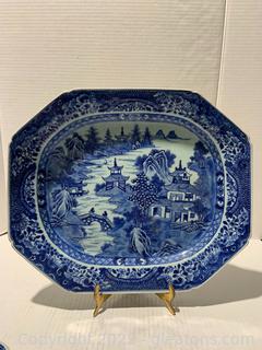 Antique Porcelain Chinese Canton Blue and White Eight Sided Platter