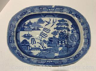 Antique Blue and White Porcelain Staffordshire Blue Willow Platter