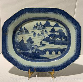Antique Blue Willow Platter with Pin Repairs