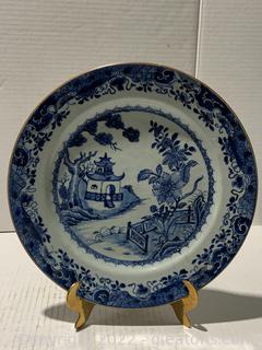 18th Century Pagoda/Landscape Porcelain Plate with Gold Trim