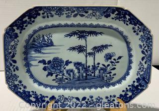 Antique Willow Blue and White Eight Sided Platter with Floral and Bamboo Motif