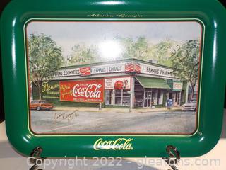 Coca-Cola Metal Tray from 1995, Depicts Fleeman’s Pharmacy from Atlanta- Artist Signed  