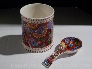 Hand-Painted Kitchen Utensil Canister W/Matching Spoon Rest 