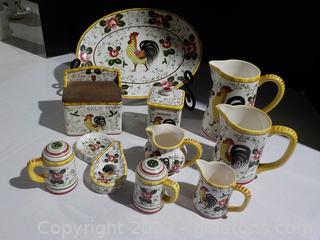 10 Piece Set of Vintage Rooster Themed Accent Pieces of Early Provincial Underglaze (Ceramic) 