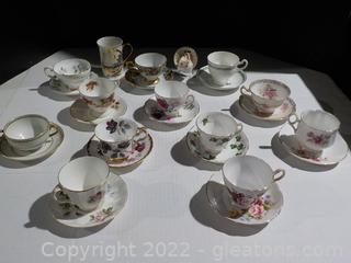 Group of a Dozen Mostly Floral Bone China Cup/Saucers and a Mini Cup/Saucer Set of Display 