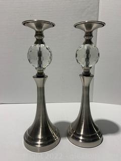 Pair of Nickel Candleholders with Faux Round Crystal Accent 