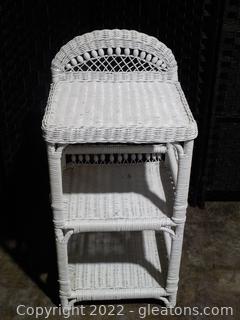 Nice White Wicker Shelving Unit with Wooden Bead Designs at Back