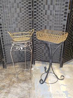 Two Gold-Tone Wire Baskets and Two Wrought/Iron Metal Plant Stands