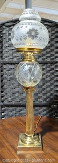 Victorian Style Etched Glass & Brass Base Lamp 