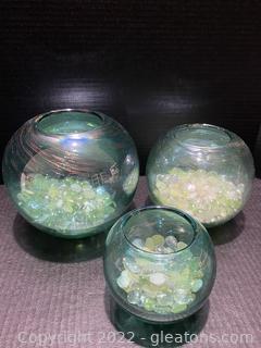 Aqua Fishbowl Vases w/Lime Pebbles