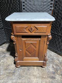 Antique Commode W/Marble Top & Carved Wood Detail 