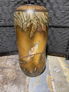 Antique Large Bronze Vase W /Bird & Leaf Motif 