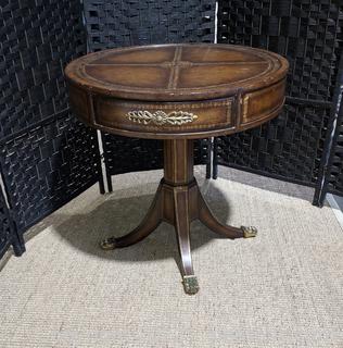 Nice Leather Topped Drum Table with Brass Accents 