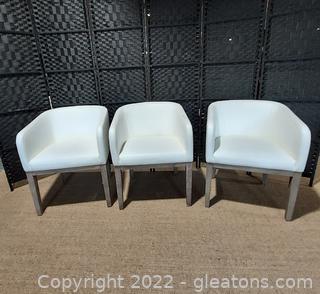 3 Cute White Upholstered Barrel Back Arm Chairs 