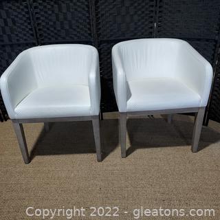 2 Cute White Upholstered Barrel Back Arm Chairs 