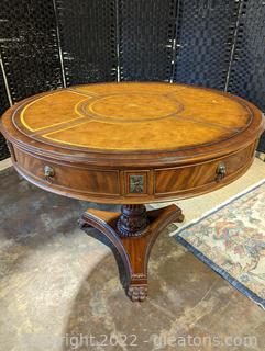 Round Center Entrance Table w/ Leather Top & Brass Accents