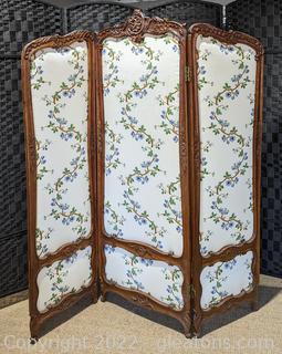 Exquisite Antique Carved Wood & Fabric 3 Panel Screen