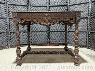 Spanish Baroque Antique Table w/ Embossed Leather Top