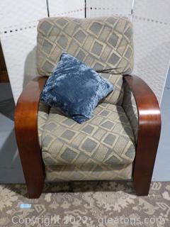 Vintage Manual Recliner with Wooden Arms and Feet , with a Blue Throw Pillow 