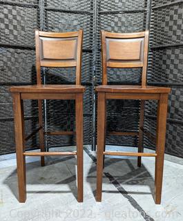 Pair of Modern Wood Bar Height Stools with Back (B) 