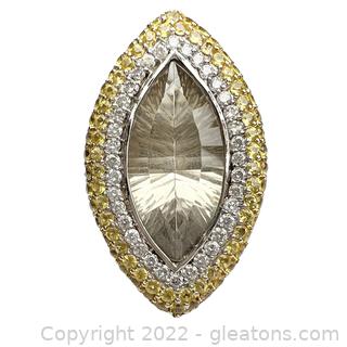 Nice 14K White Gold Smokey Quartz, Diamond & Yellow Sapphire Ring
