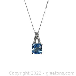 Simple 2.16ct Blue Topaz and Diamond Necklace in 10K White Gold