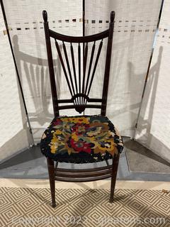 Antique Wooden Wheatback Chair w/ Vibrant Designs on Seat and Nailhead Trim 