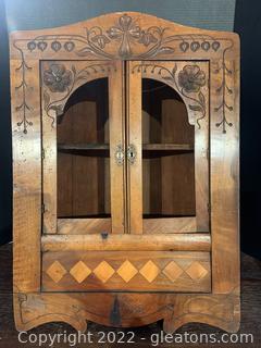 Intricately Carved Inlaid Hanging Corner Wall Cabinet Circa 1919