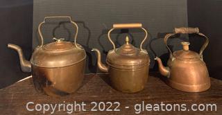 Three Copper Teapots Short and Stout