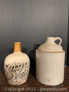 Two Small Antique Stoneware Whiskey Jugs Including an I.W. Harper From 1884