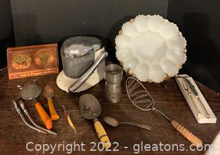 Vintage Juicer-Milk Glass Sterling Silver Spoon and Other Vintage Kitchen Items