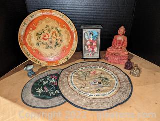 Asian Inspired Lot Featuring 2 Silk Embroidered Wall Art