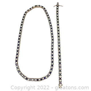 Gold Over Sterling Silver Synthetic Sapphire & CZ Tennis Necklace & Bracelet