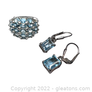 Pretty Sky Blue Topaz Ring and Earrings in Sterling Silver