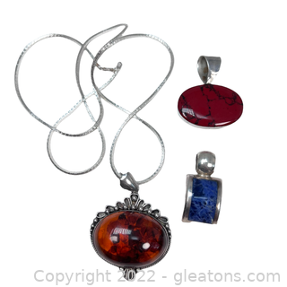 3 Gemstone Sterling Silver Pendants with 30" Chain