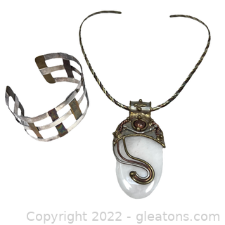 Sterling Silver, Copper & Brass White Jade Necklace & Bracelet