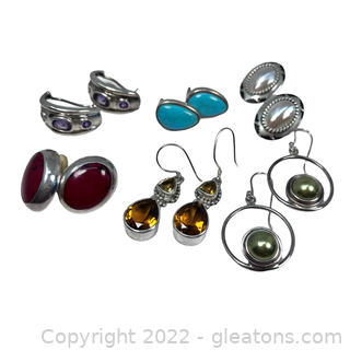 6 Pairs of Colorful Gemstone Sterling Silver Earrings