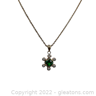 14K Yellow Gold Synthetic Emerald and Diamond Flower Necklace