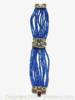 Beautiful 10 Row Blue Beaded Bracelet W/Blue Topaz Stone; Silver & Gold Tone (Lot of 1) 